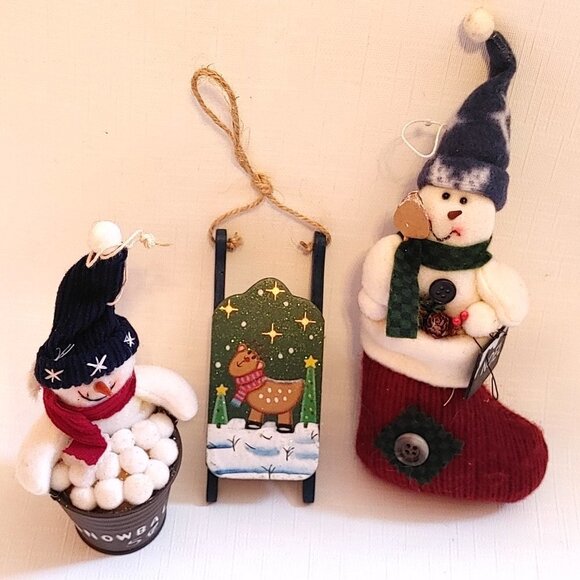 ADORABLE Snowman Ornament Lot of 3 Hand Painted Sleigh 2 Snoeman Ornamen… - Picture 1 of 6